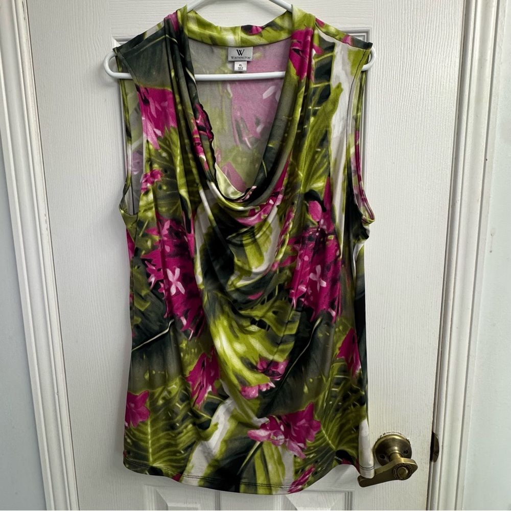 W by Worth Floral Cowl Neck Blouse XL Pink Green Sleeveless Career Top Feminine